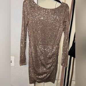 Sequin Long Sleeve Dress - Brown